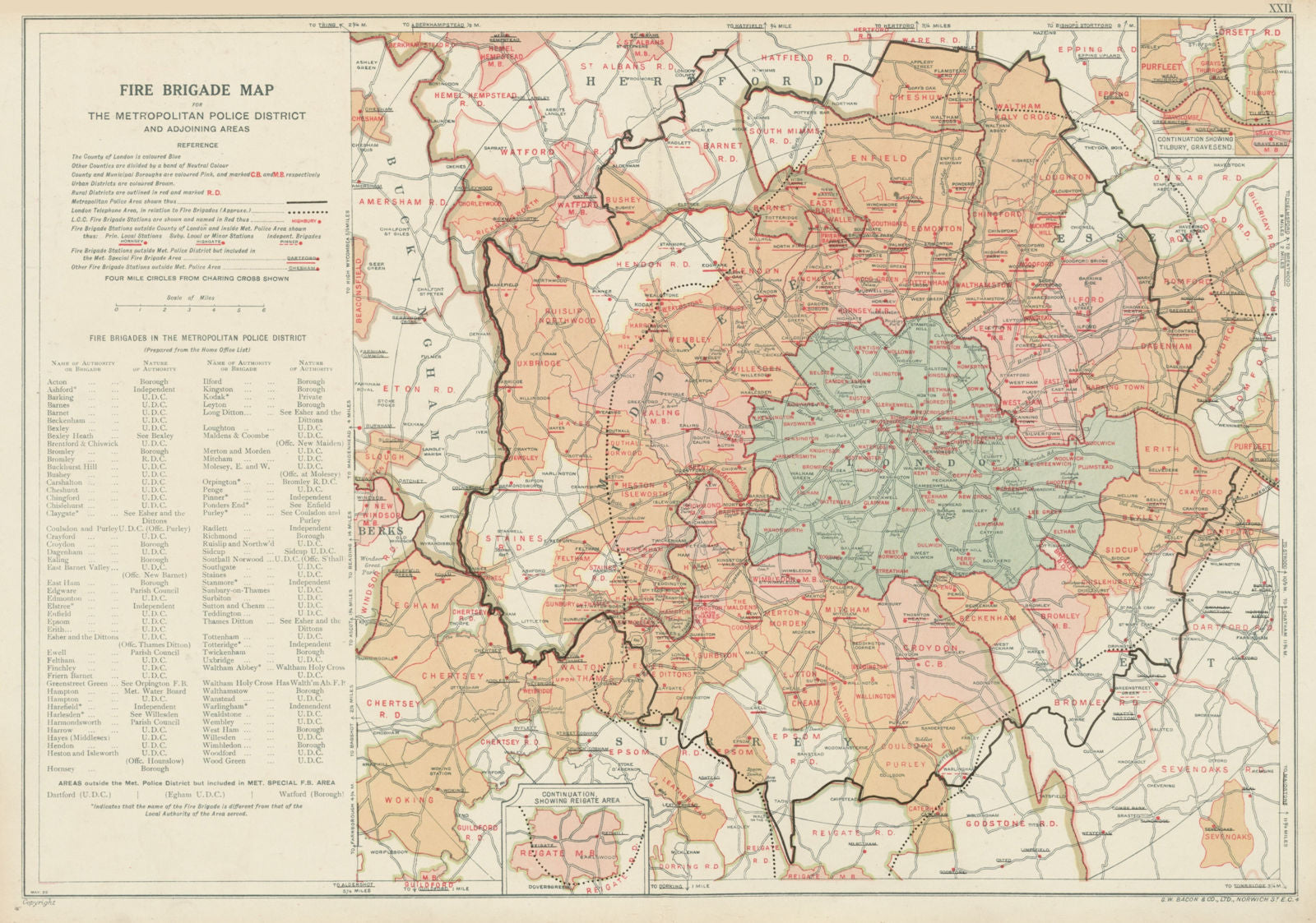 LONDON FIRE BRIGADE. Showing Fire Brigade Stations. Vintage map. BACON 1934